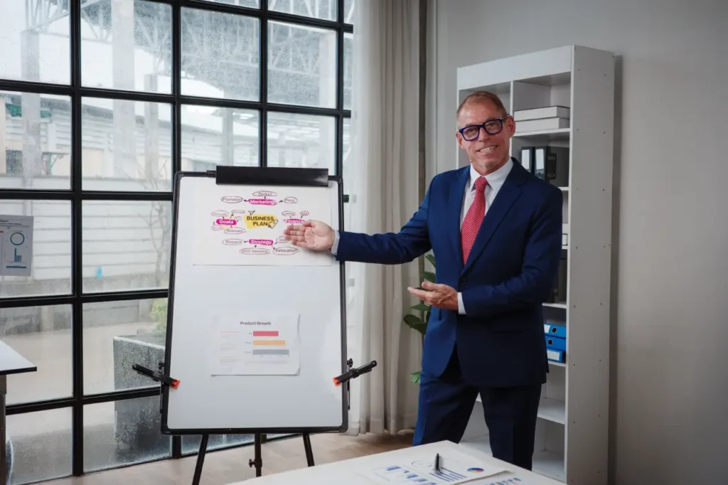 Homme d'affaires présentant la stratégie du plan d'affaires sur un tableau blanc au bureau